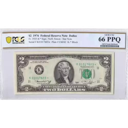 $2 1976 Green seal Small Size $2 Federal Reserve Notes 1935-K*