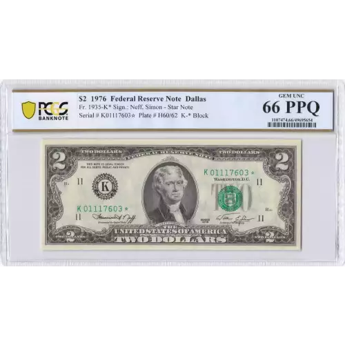 $2 1976 Green seal Small Size $2 Federal Reserve Notes 1935-K*