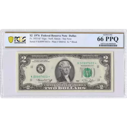 $2 1976 Green seal Small Size $2 Federal Reserve Notes 1935-K*