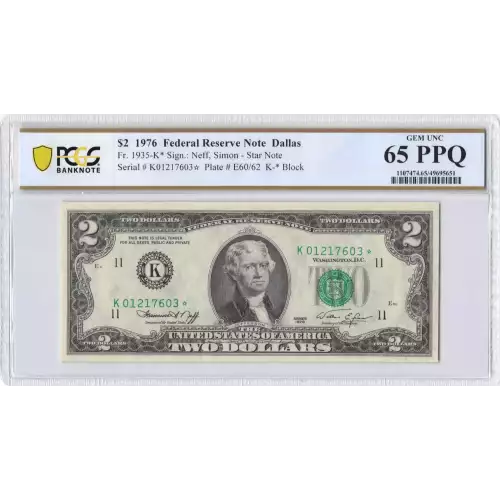 $2 1976 Green seal Small Size $2 Federal Reserve Notes 1935-K*