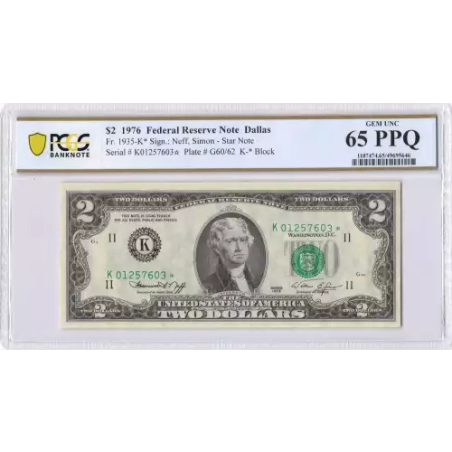 $2 1976 Green seal Small Size $2 Federal Reserve Notes 1935-K*