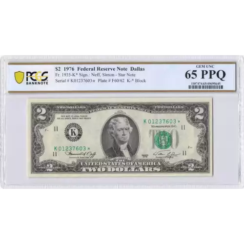 $2 1976 Green seal Small Size $2 Federal Reserve Notes 1935-K*