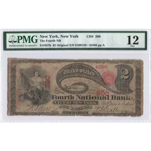 $2 Original Red with rays, red serial no., with bank character no. First Charter Period 387b