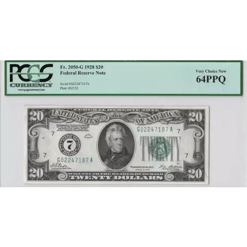 $20 1928 Green seal. Small Size $20 Federal Reserve Notes 2050-G