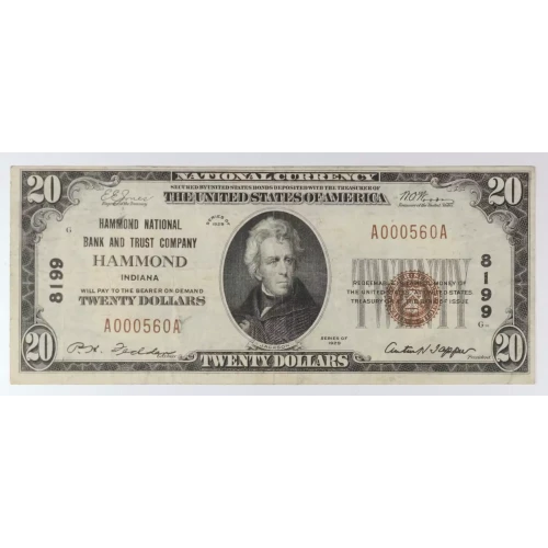 $20 1929 small brown seal. Small National Bank Notes 1802-1