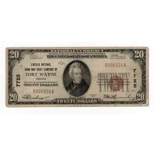 $20 1929 small brown seal. Small National Bank Notes 1802-1