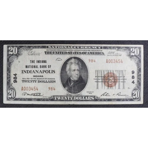$20 1929 small brown seal. Small National Bank Notes 1802-2