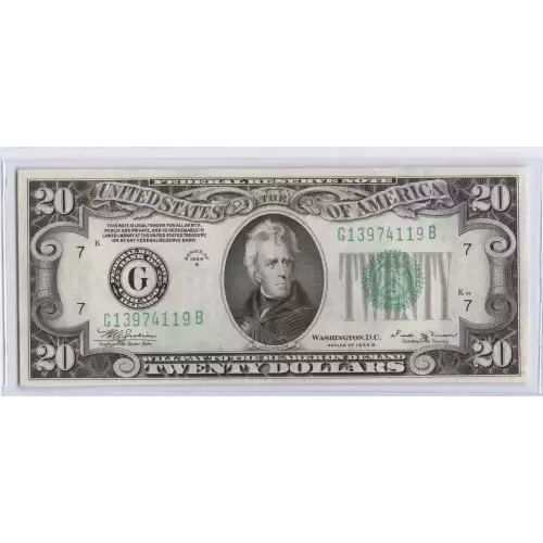 $20 1934-B. blue-Green seal. Small Size $20 Federal Reserve Notes 2056-G