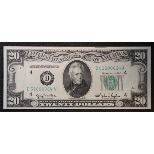 $20 1950 blue-Green seal. Small Size $20 Federal Reserve Notes 2059-D