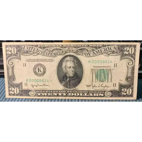 $20 1950 blue-Green seal. Small Size $20 Federal Reserve Notes 2059-K*