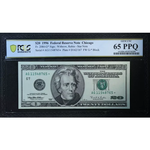 $20 1996 blue-Green seal. Small Size $20 Federal Reserve Notes 2084-G* (2)