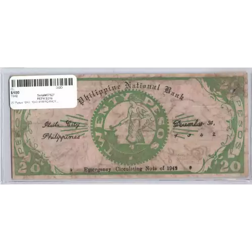 20 Pesos 1942, 1942 EMERGENCY CIRCULATING NOTE ISSUE  Philippines S318 (2)