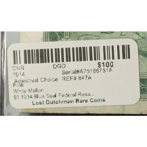 $5 1914 Blue Seal Federal Reserve Notes 847A