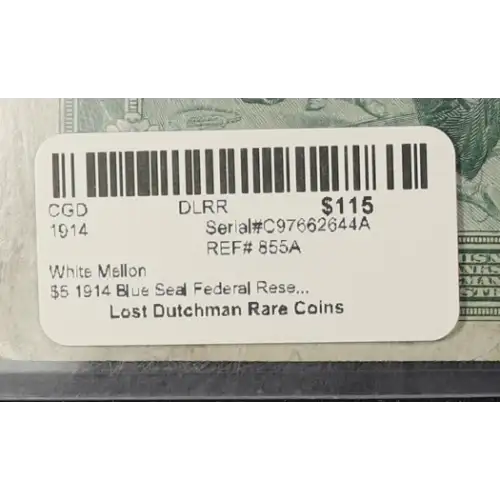 $5 1914 Blue Seal Federal Reserve Notes 855A
