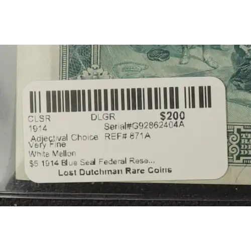 $5 1914 Blue Seal Federal Reserve Notes 871A