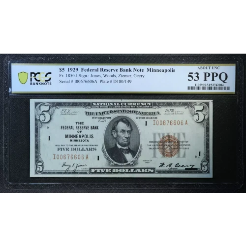 $5 1929 brown seal Small Federal Reserve Bank Notes 1850-I