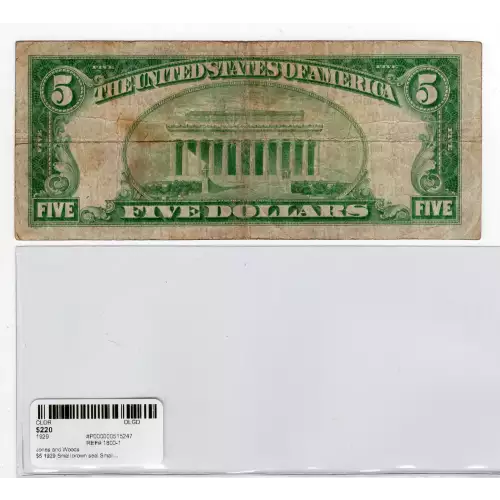 $5 1929 Small brown seal Small National Bank Notes 1800-1