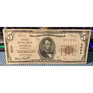 $5 1929 Small brown seal Small National Bank Notes 1800-1