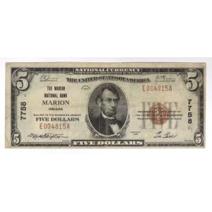 $5 1929 Small brown seal Small National Bank Notes 1800-1
