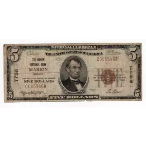 $5 1929 Small brown seal Small National Bank Notes 1800-1