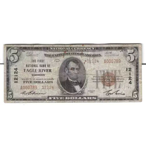 $5 1929 small brown seal. Small National Bank Notes 1800-2