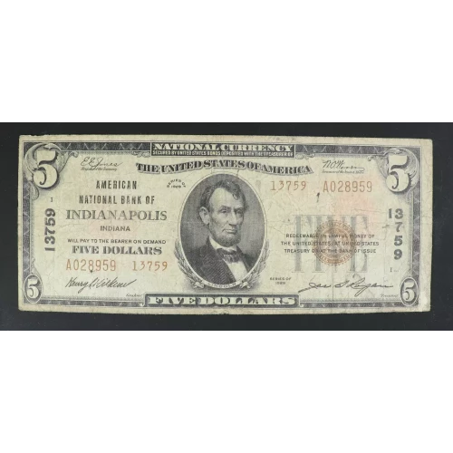 $5 1929 small brown seal. Small National Bank Notes 1800-2