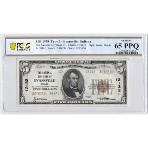 $5 1929 small brown seal. Small National Bank Notes 1800-2
