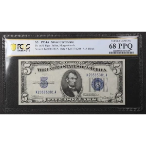 $5 1934-A blue seal. Small Silver Certificates 1651