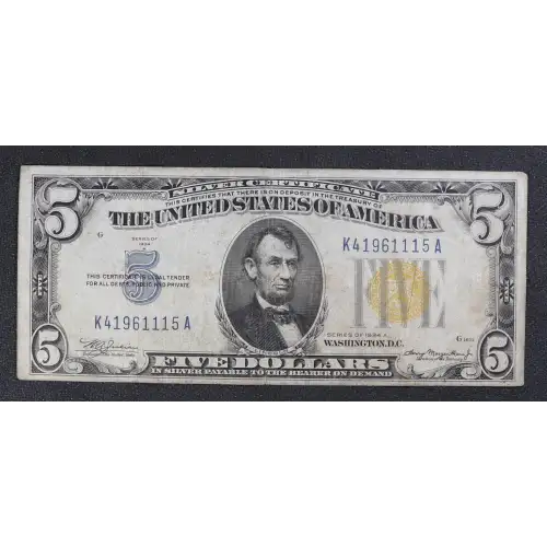 $5 1934-A yellow seal Emergency Notes Issued During WW2 2307 (4)