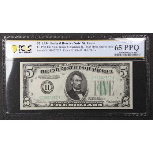 $5 1934 blue-Green seal. Small Size $5 Federal Reserve Notes 1956-Hm