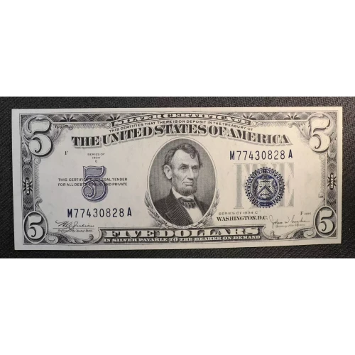 $5 1934-C blue seal. Small Silver Certificates 1653 (2)