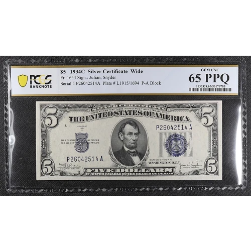 $5 1934-C blue seal. Small Silver Certificates 1653