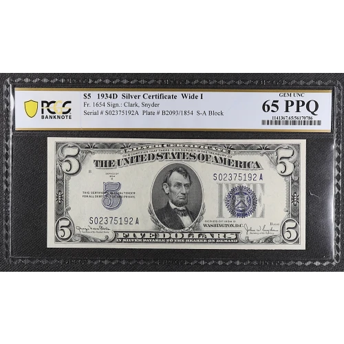 $5 1934-D blue seal. Small Silver Certificates 1654
