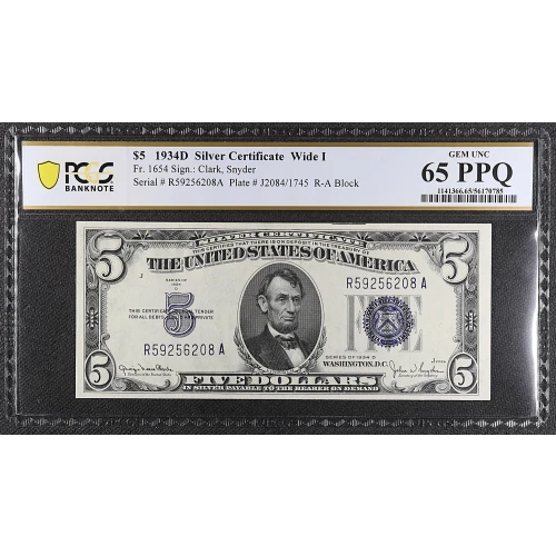 $5 1934-D blue seal. Small Silver Certificates 1654