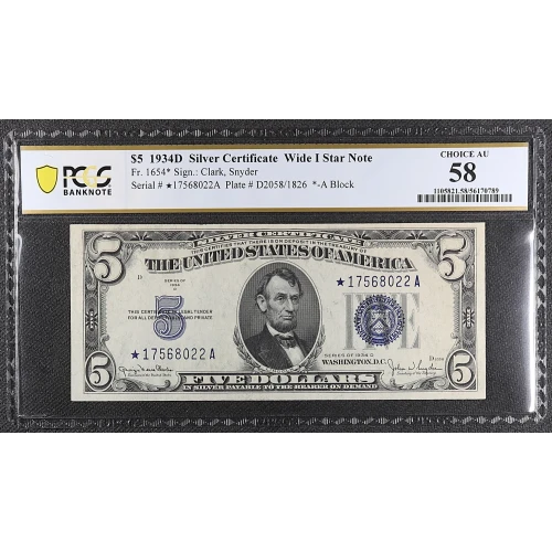 $5 1934-D blue seal. Small Silver Certificates 1654*