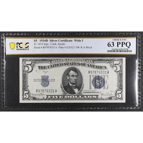 $5 1934-D blue seal. Small Silver Certificates 1654