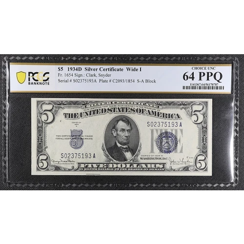 $5 1934-D blue seal. Small Silver Certificates 1654