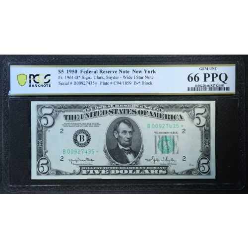 $5 1950 blue-Green seal. Small Size $5 Federal Reserve Notes 1961-B*