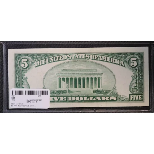 $5 1950 blue-Green seal. Small Size $5 Federal Reserve Notes 1961-B