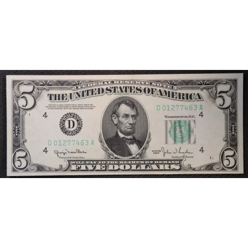 $5 1950 blue-Green seal. Small Size $5 Federal Reserve Notes 1961-D