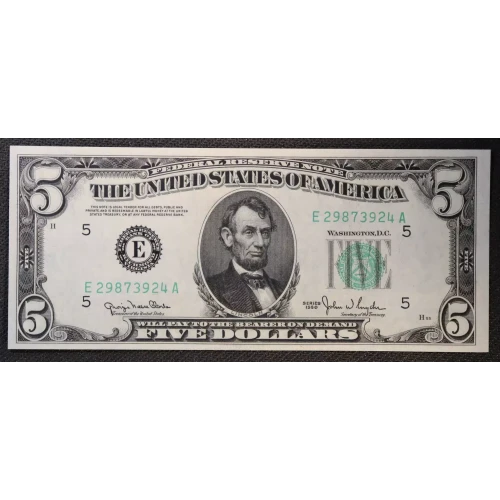 $5 1950 blue-Green seal. Small Size $5 Federal Reserve Notes 1961-E