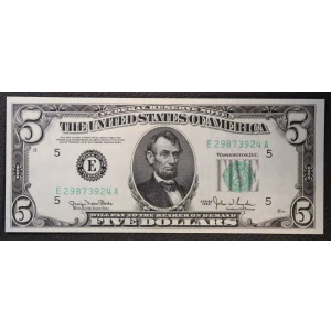 $5 1950 blue-Green seal. Small Size $5 Federal Reserve Notes 1961-E