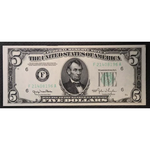 $5 1950 blue-Green seal. Small Size $5 Federal Reserve Notes 1961-F