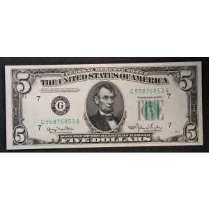 $5 1950 blue-Green seal. Small Size $5 Federal Reserve Notes 1961-G