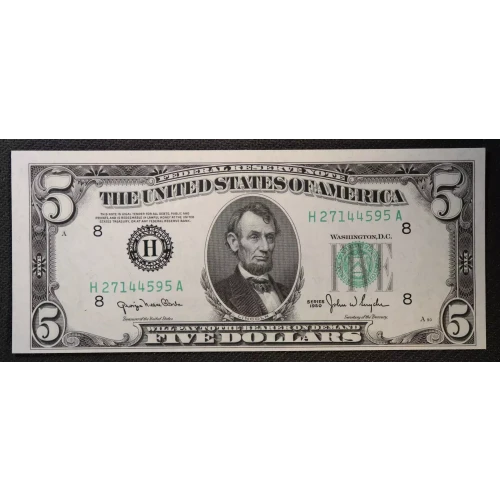 $5 1950 blue-Green seal. Small Size $5 Federal Reserve Notes 1961-H
