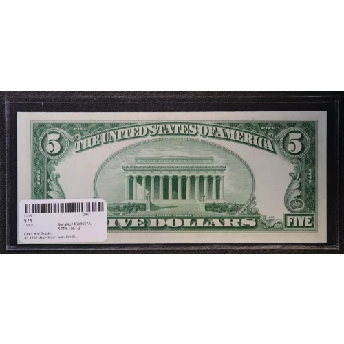 $5 1950 blue-Green seal. Small Size $5 Federal Reserve Notes 1961-J (2)