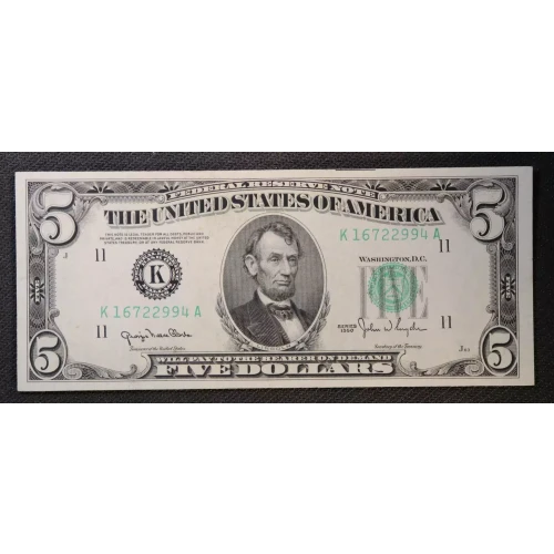 $5 1950 blue-Green seal. Small Size $5 Federal Reserve Notes 1961-K