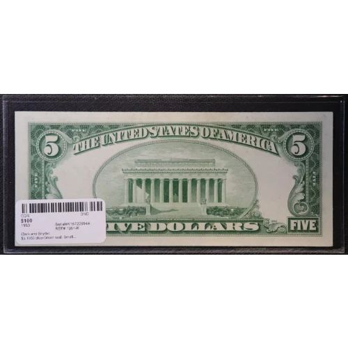 $5 1950 blue-Green seal. Small Size $5 Federal Reserve Notes 1961-K (3)