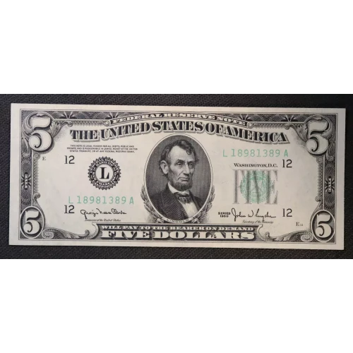 $5 1950 blue-Green seal. Small Size $5 Federal Reserve Notes 1961-L (2)