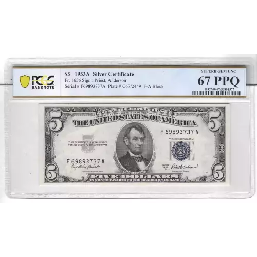 $5 1953-A blue seal. Small Silver Certificates 1656 (2)